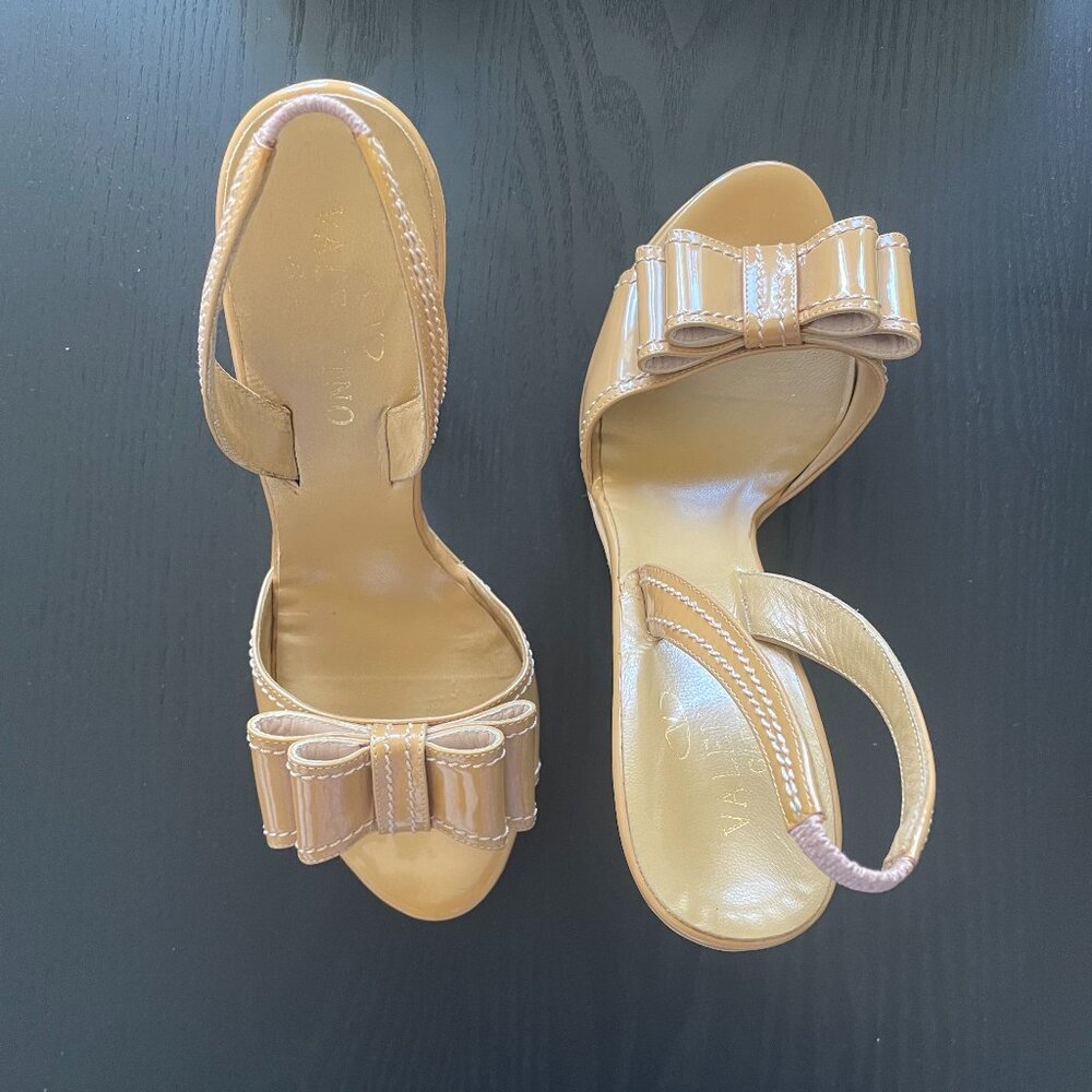 Valentino Patent Leather Bow Accents High Heel Pump Sandals with Ankle Straps